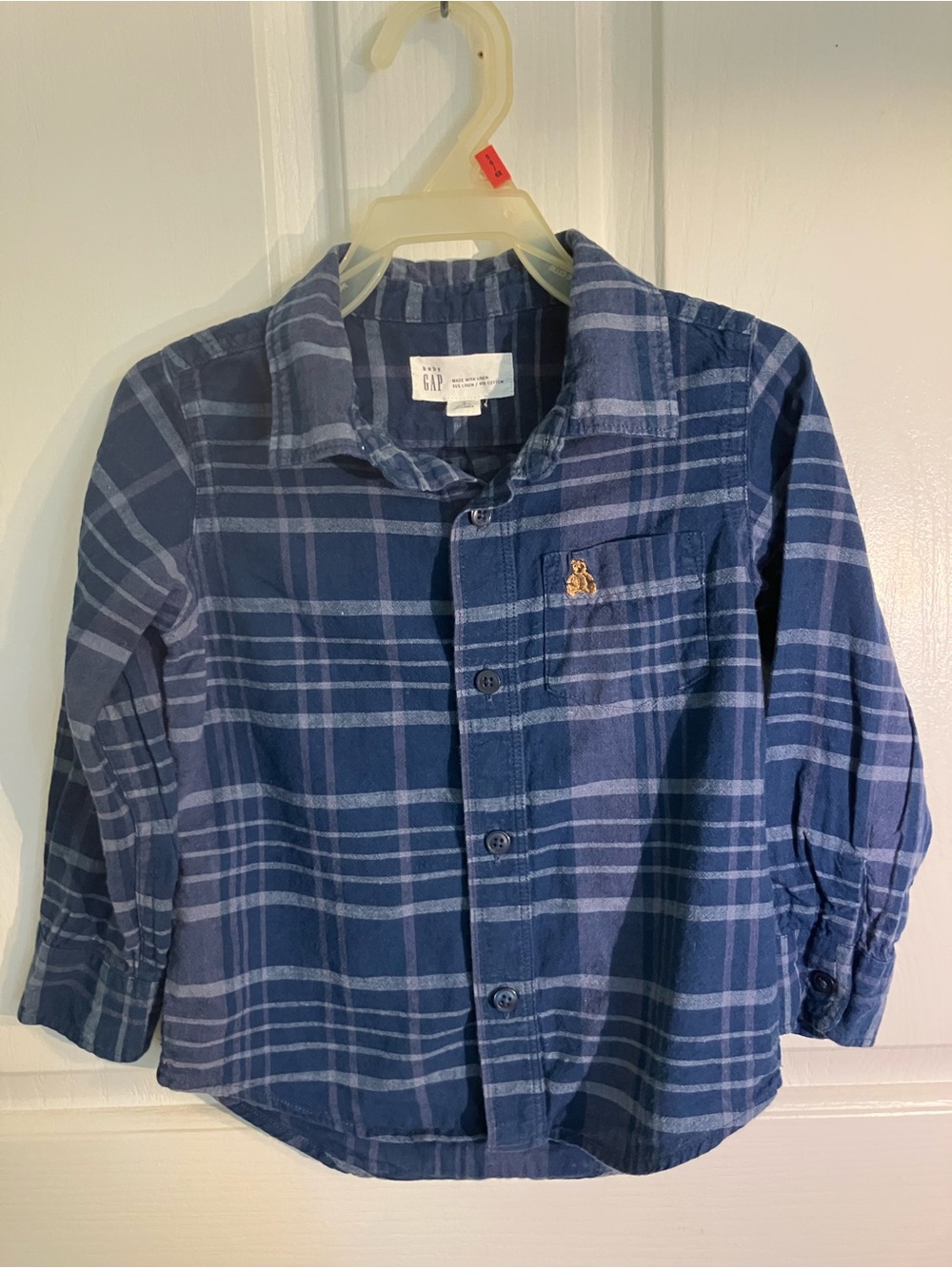 GAP Boys Navy and Light Blue Plaid Button-Down Linen Blend Shirt